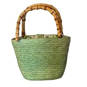 Green Straw Handbag Bamboo Handle Cottagecore Boho Spring Summer Style